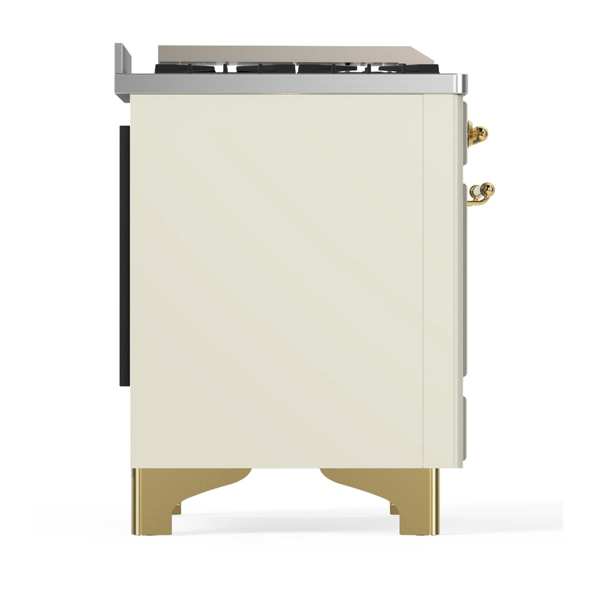 Antique white dual fuel range rear side with brass feet and side handle