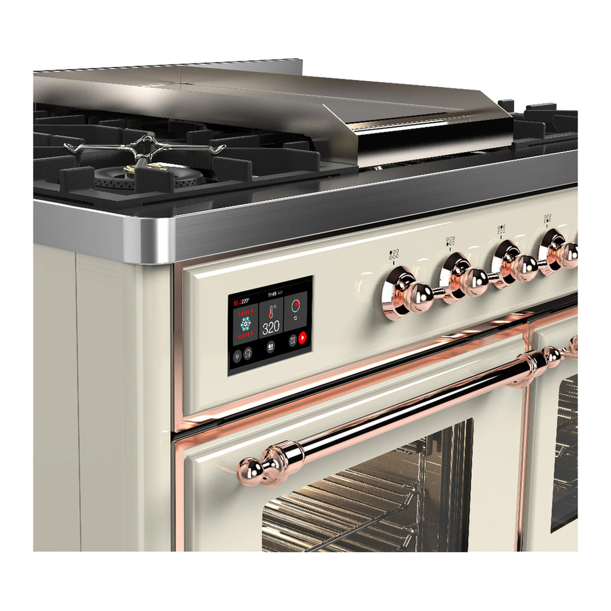 Antique white dual fuel range side view with copper control bar and lit oven interior