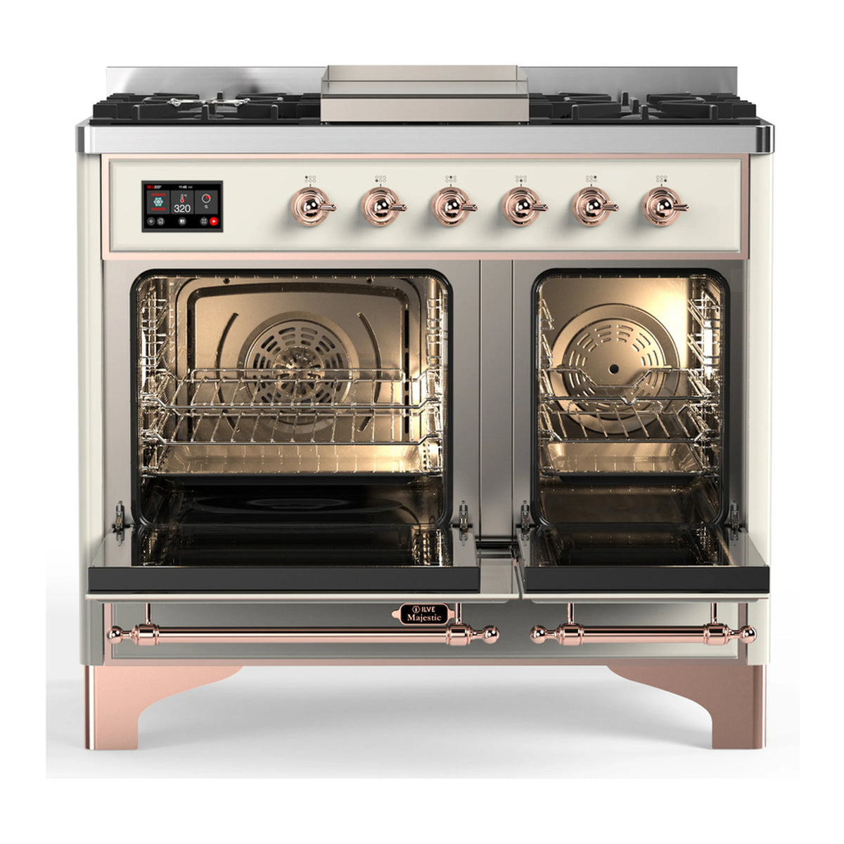 Antique white dual fuel range with copper trim, open ovens and backlit control panel