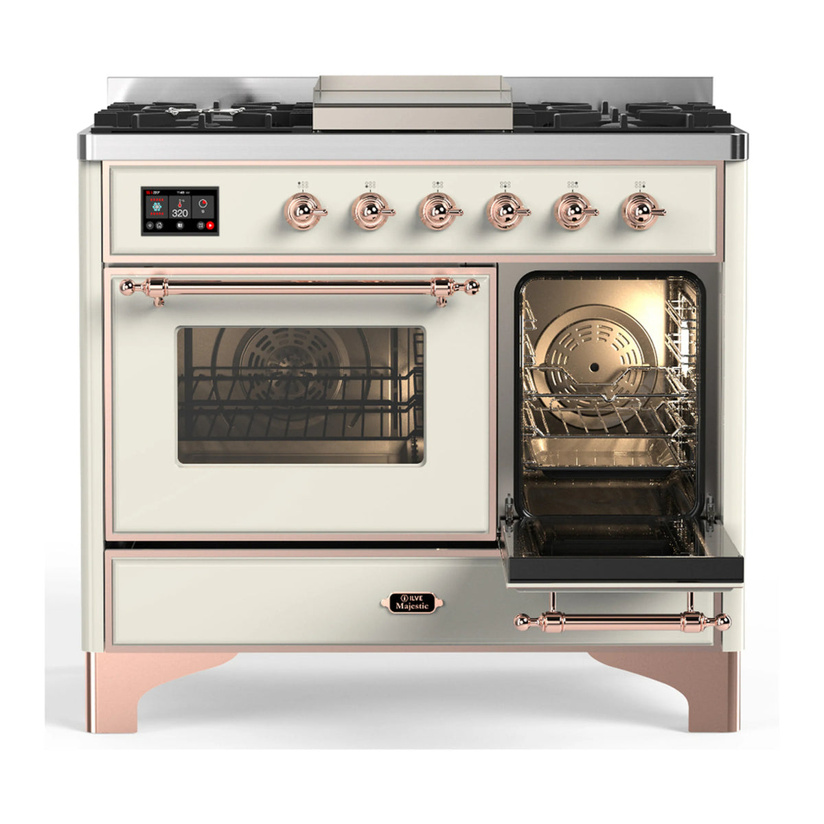 Antique white dual fuel range with copper trim, one oven door open and control knobs