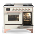 ILVE Majestic III 40-inch Dual Fuel Range with 6 Natural Gas Burner, Griddle and Triple Glass Door Electric Oven in Antique White with Copper Trim (UMD40FNR3AWP)