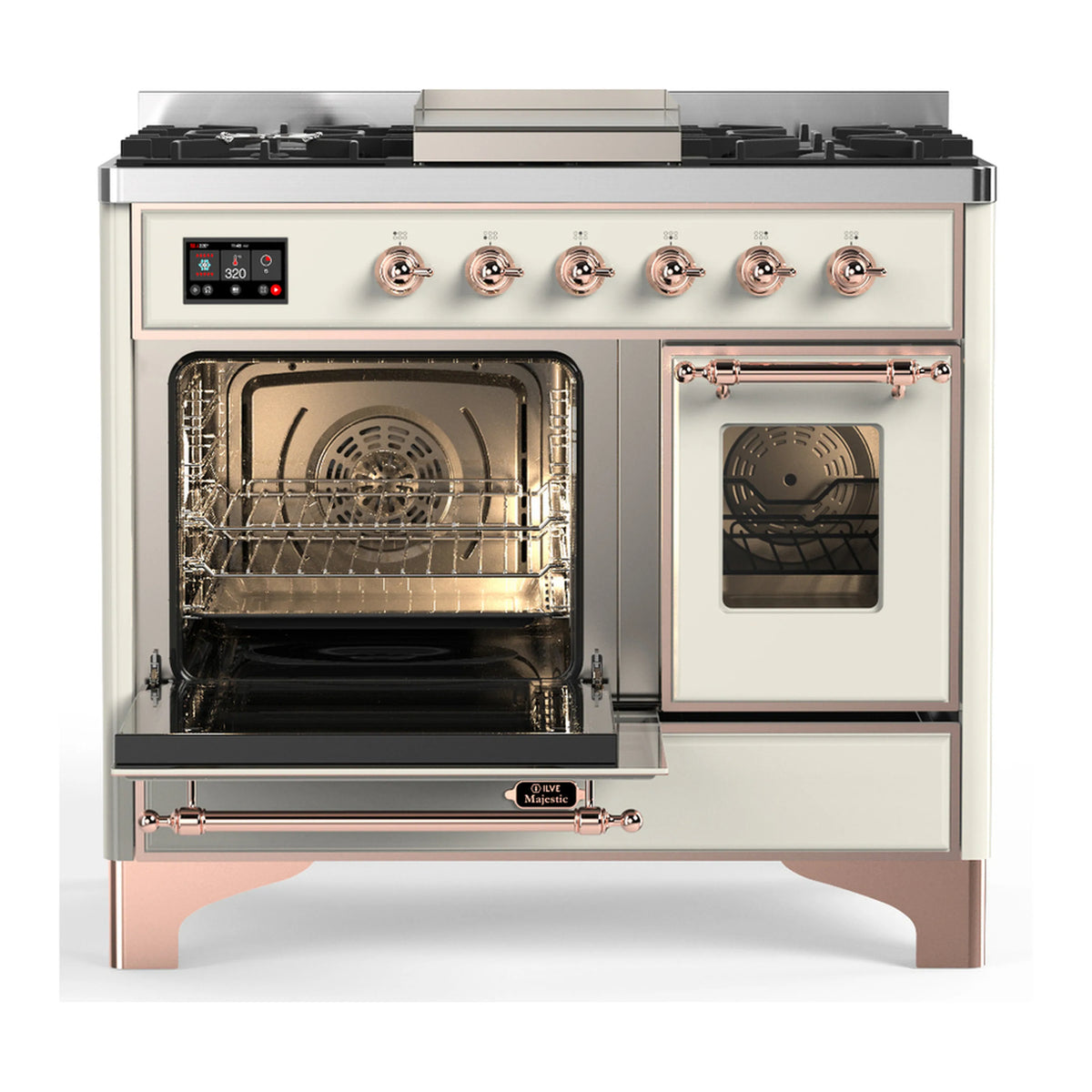 Antique white dual fuel range with copper trim, both oven windows open