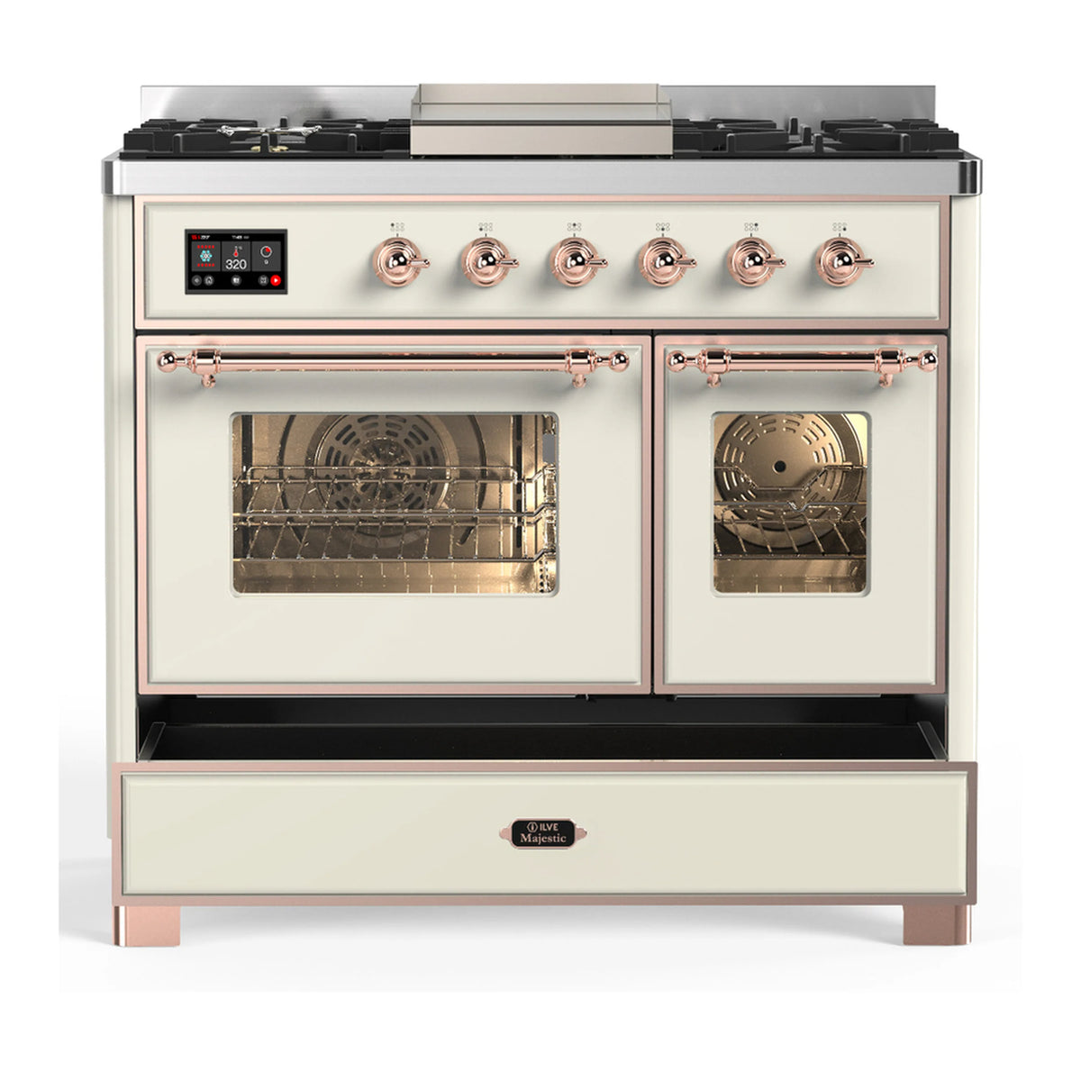 Antique white dual fuel range with copper trim, oven doors closed with burner knobs visible