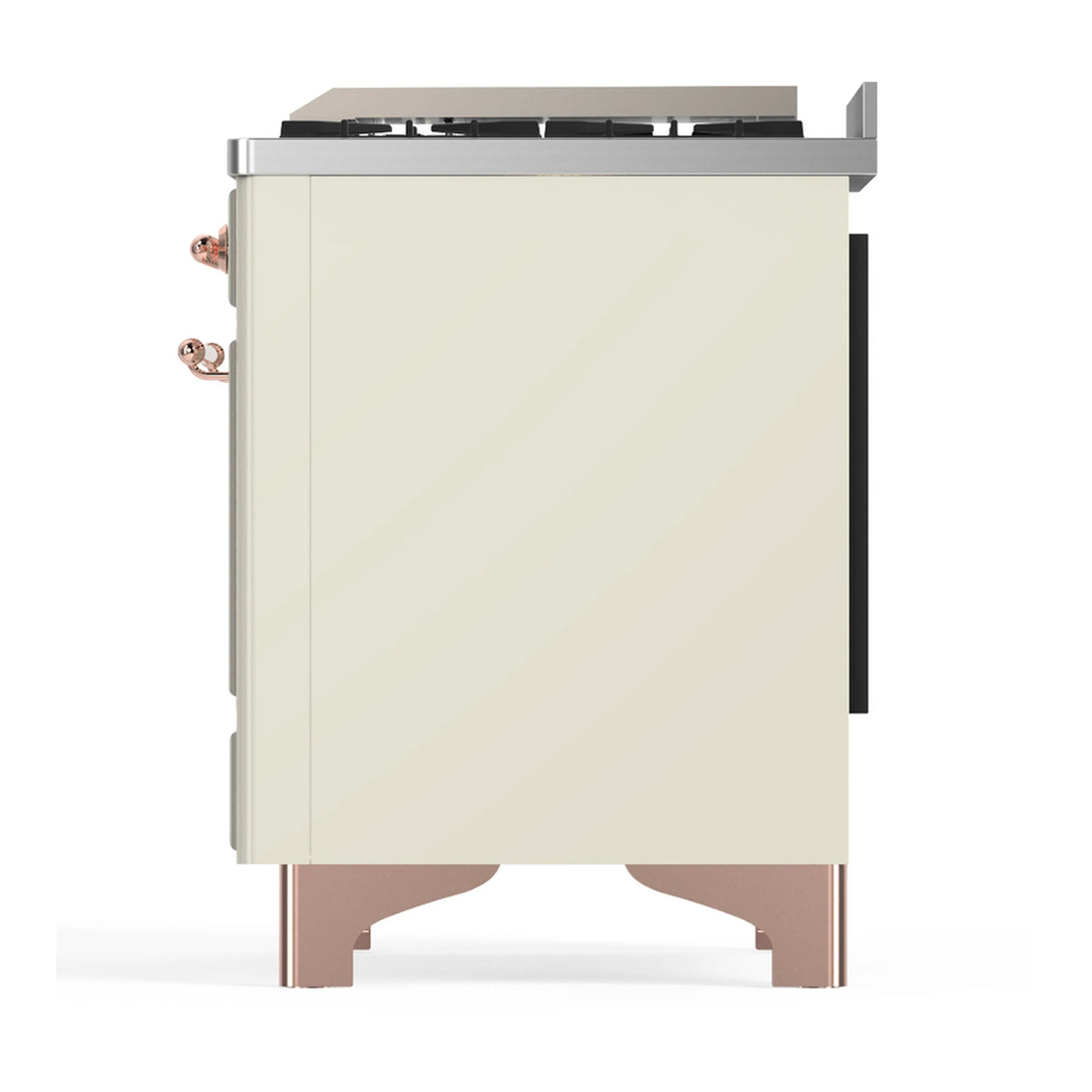 Antique white range back panel with black rear cover and copper feet trim