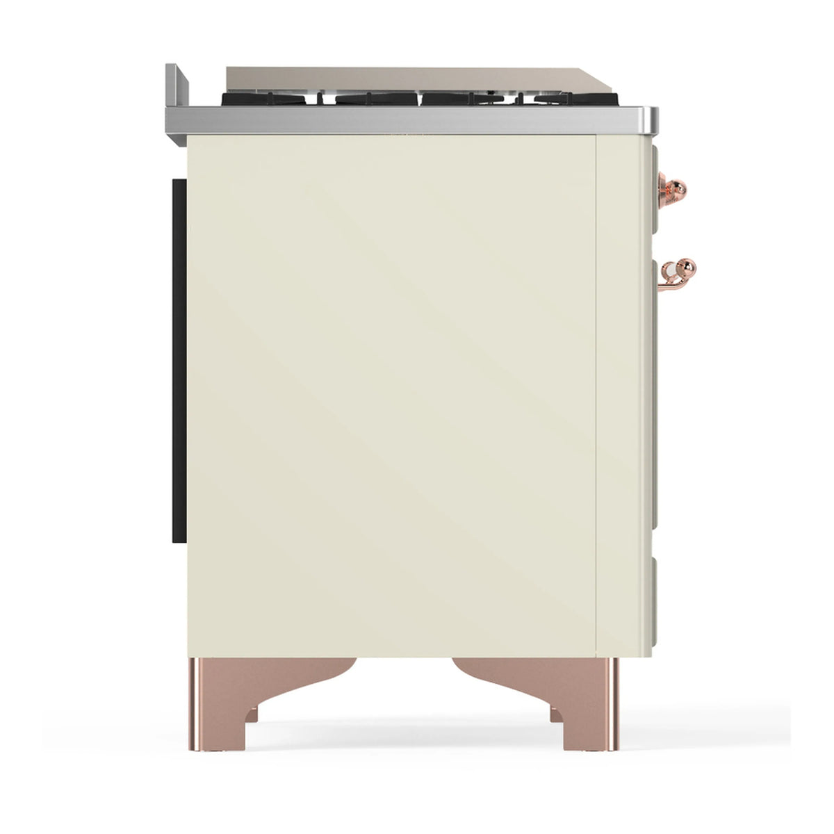 Antique white dual fuel range side panel with black side trim and copper-accented base