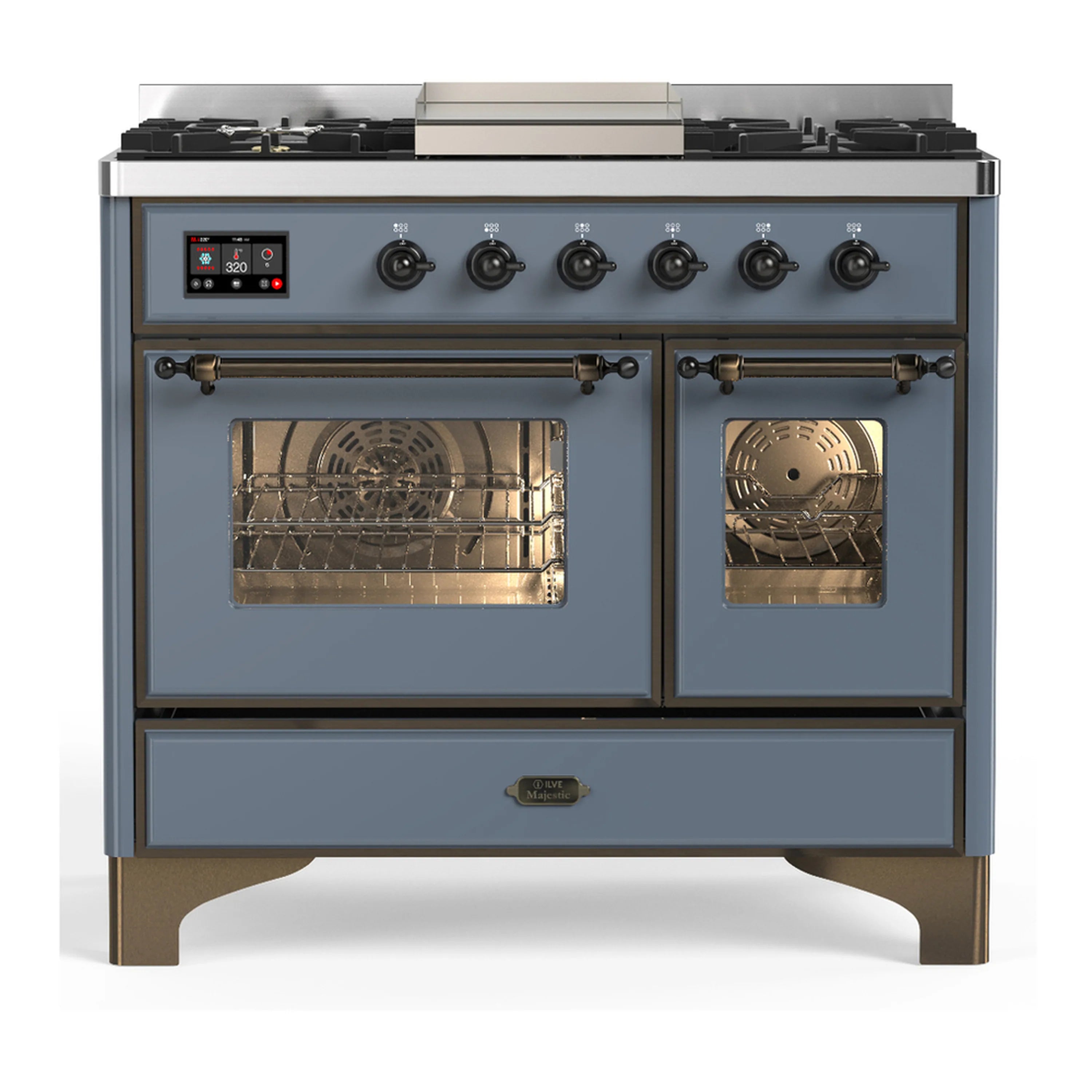 ILVE dual fuel range with left oven open and right oven closed, blue grey front panel
