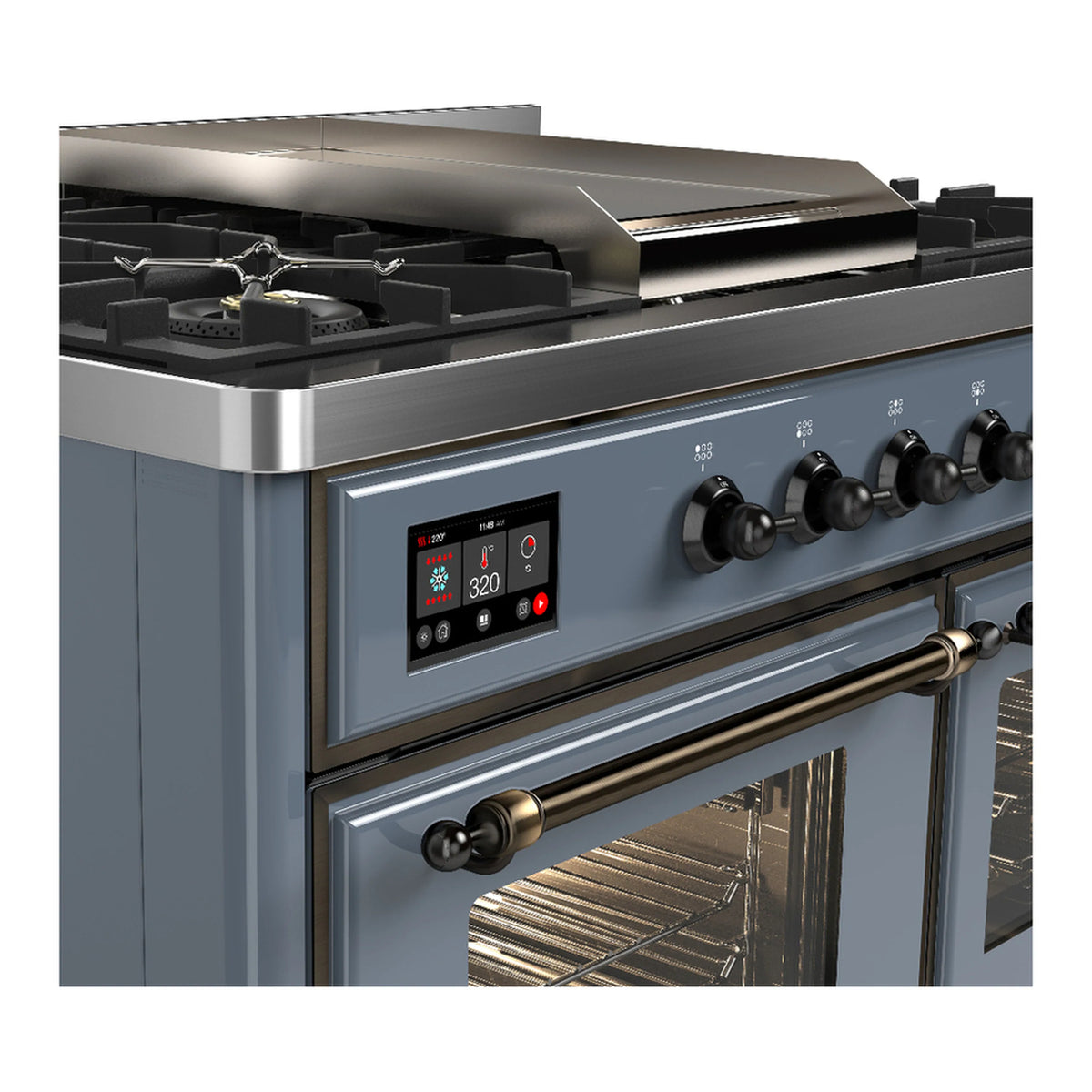 ILVE dual fuel range in blue grey with stainless trim, front controls and gas burners