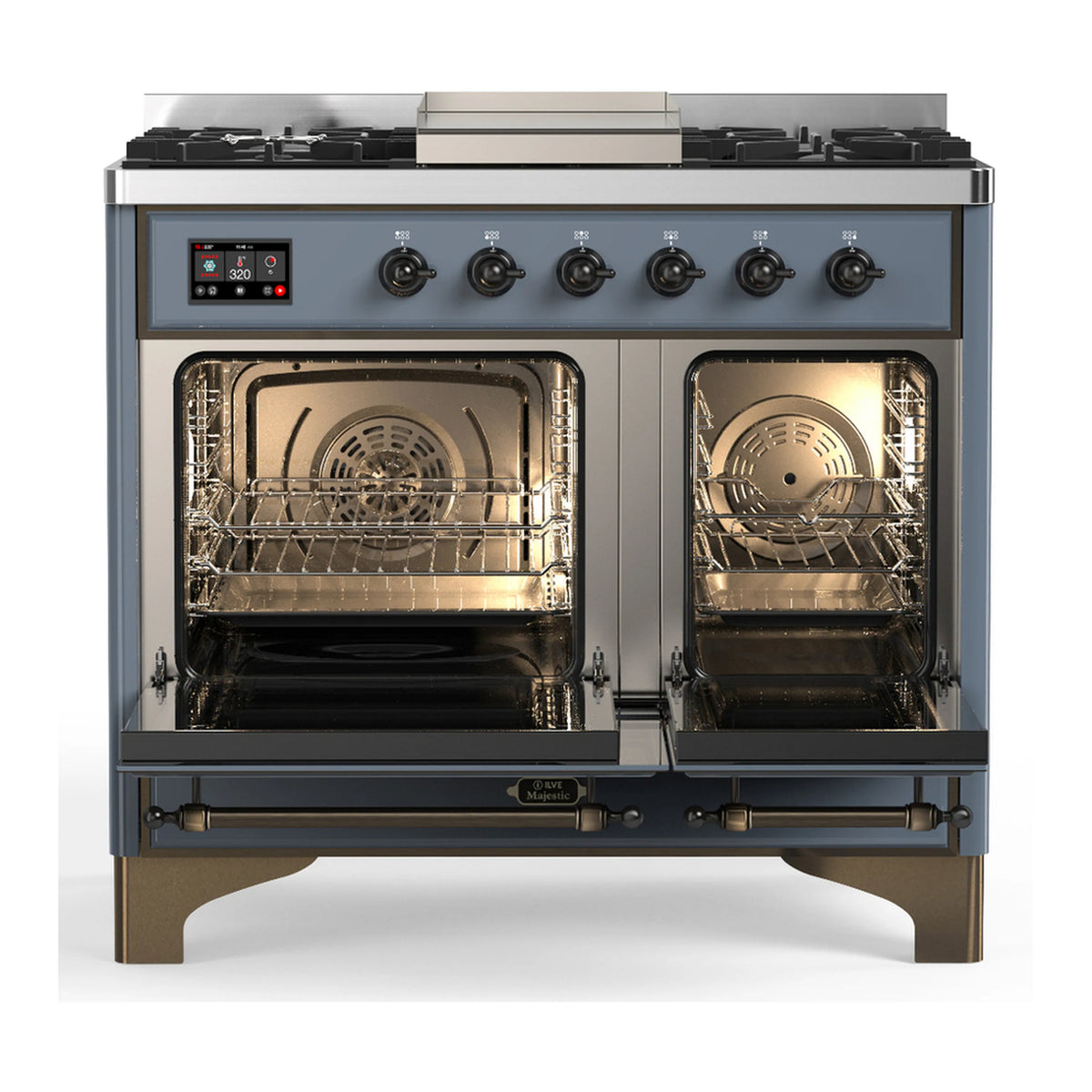 ILVE dual fuel range with two open glass oven doors, interior racks and burner controls