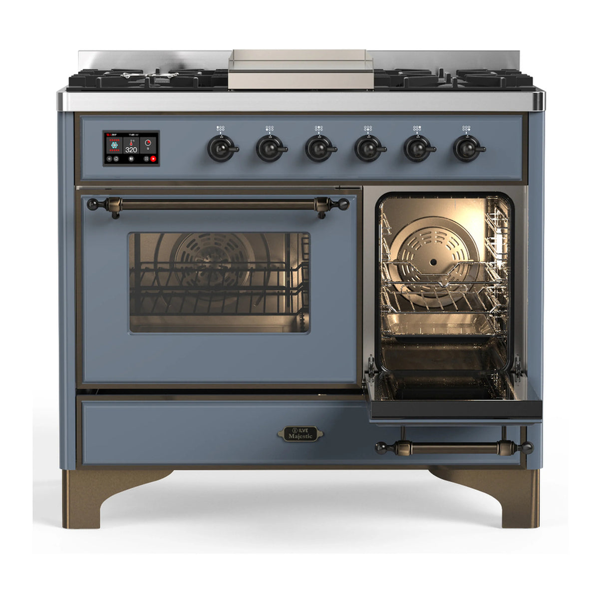 ILVE dual fuel range with one oven door open and the other closed, blue grey finish