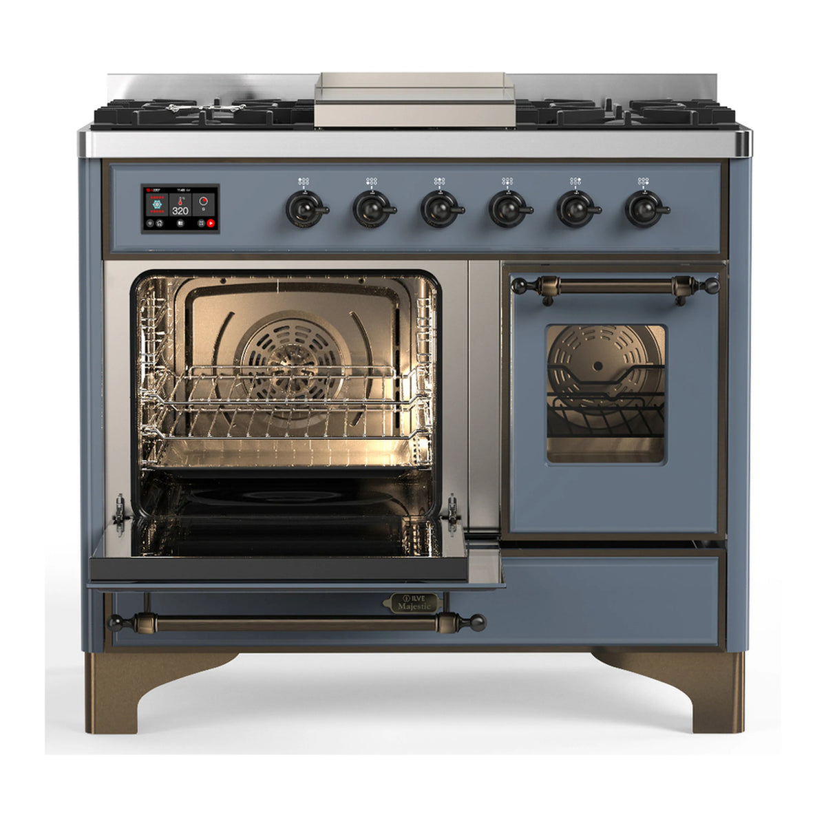 ILVE dual fuel range with left oven open and right oven closed, burner knobs and display