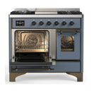 ILVE Majestic III 40-inch Dual Fuel Range with 6 Natural Gas Burner, Griddle and Triple Glass Door Electric Oven in Blue Grey with Burnished Trim (UMD40FNR3BGB)