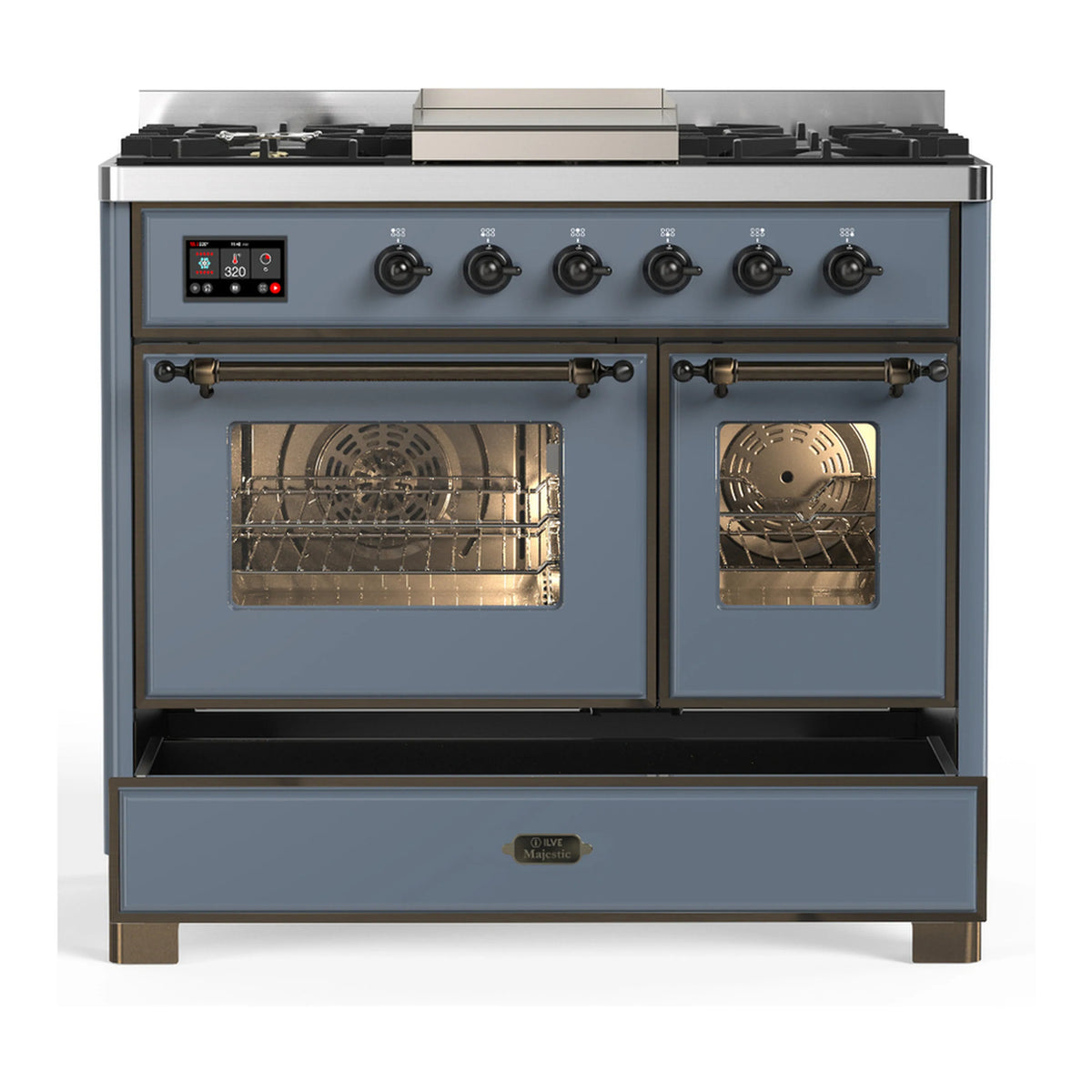 ILVE dual fuel range with two closed oven doors and front storage drawer in blue grey
