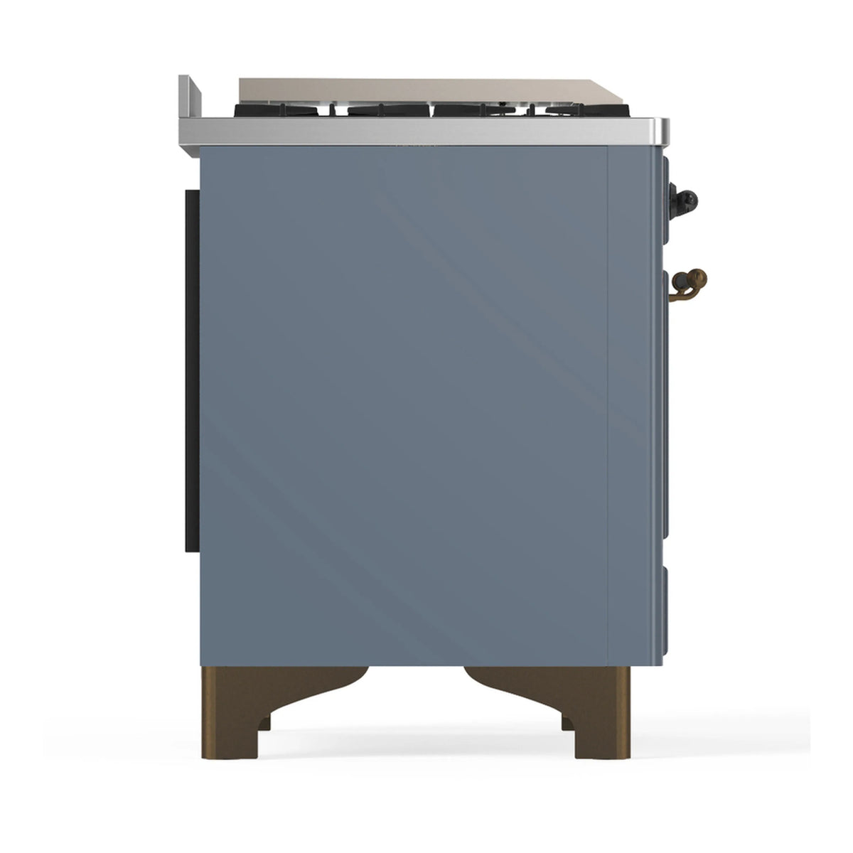 ILVE dual fuel range other side view with blue grey panel and stainless top edge