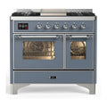 ILVE Majestic III 40-inch Dual Fuel Range with 6 Natural Gas Burner, Griddle and Triple Glass Door Electric Oven in Blue Grey with Chrome Trim (UMD40FNR3BGC)