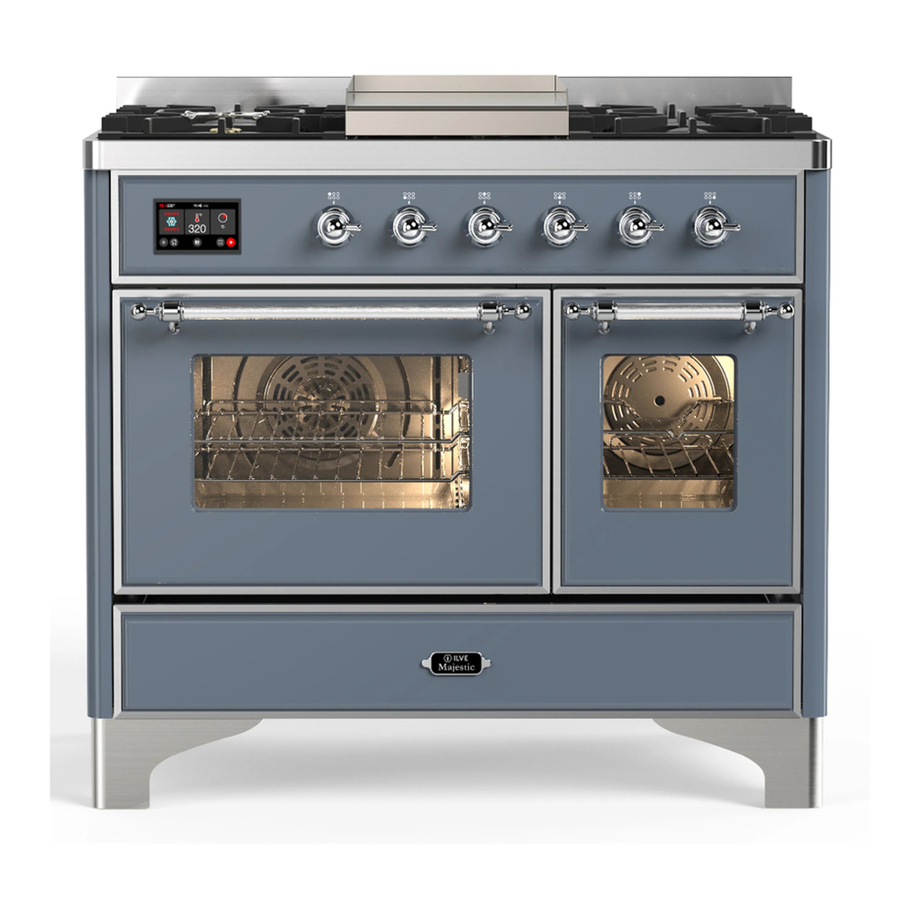 Blue grey dual fuel range with chrome trim, six gas burners, and dual electric oven doors