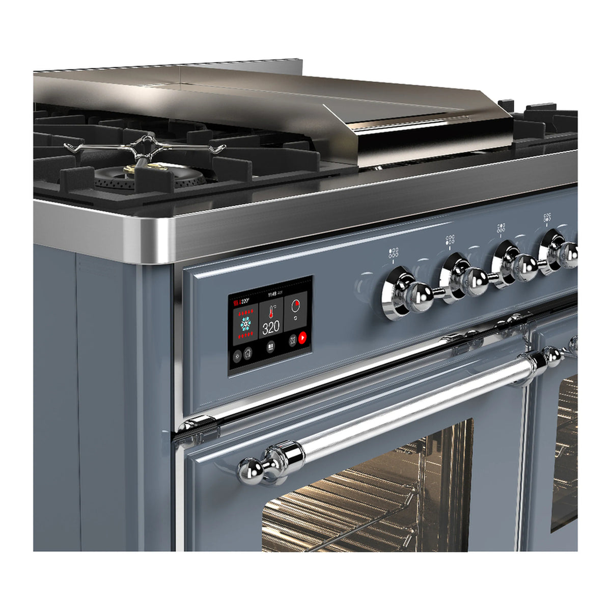 Blue grey dual fuel range control panel with chrome knobs and oven door handle