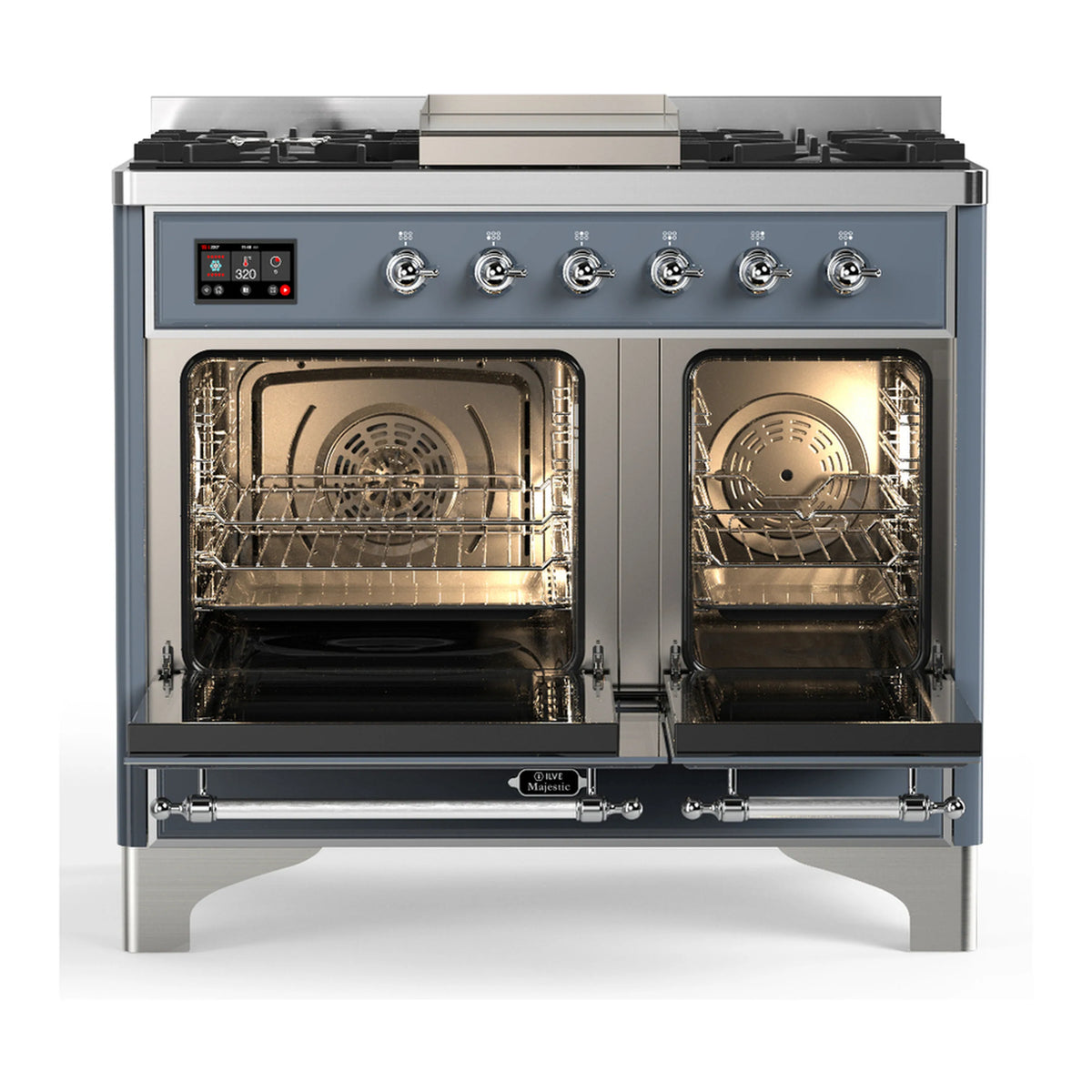 Blue grey dual fuel range with both oven doors open, showing oven racks and warming interior