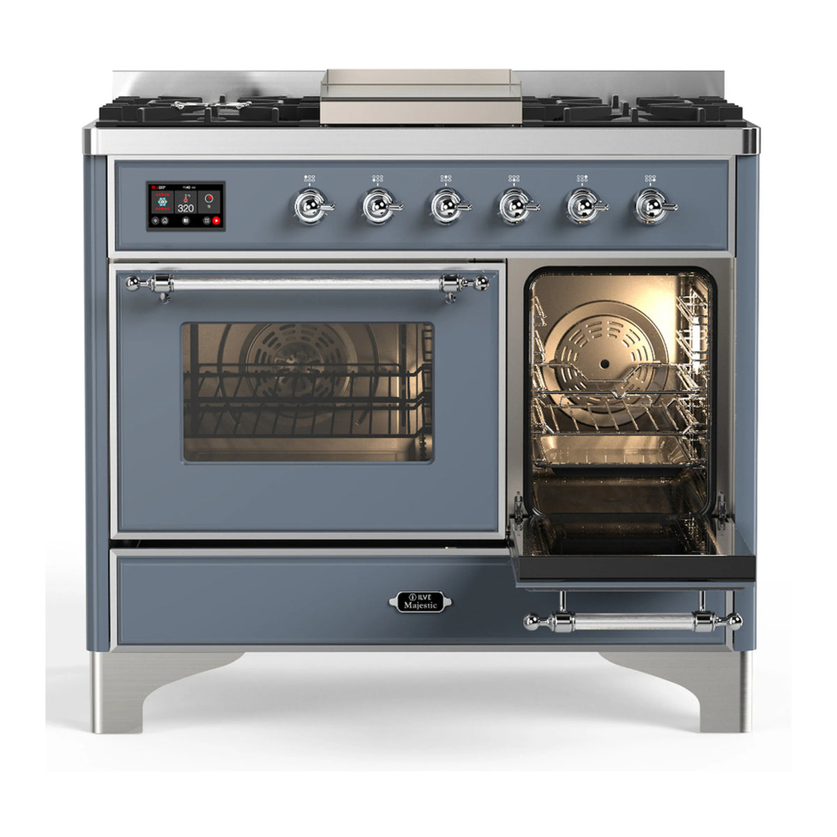 Blue grey dual fuel range with left oven door open and right oven door closed