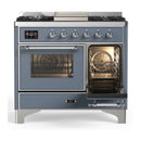 ILVE Majestic III 40-inch Dual Fuel Range with 6 Natural Gas Burner, Griddle and Triple Glass Door Electric Oven in Blue Grey with Chrome Trim (UMD40FNR3BGC)