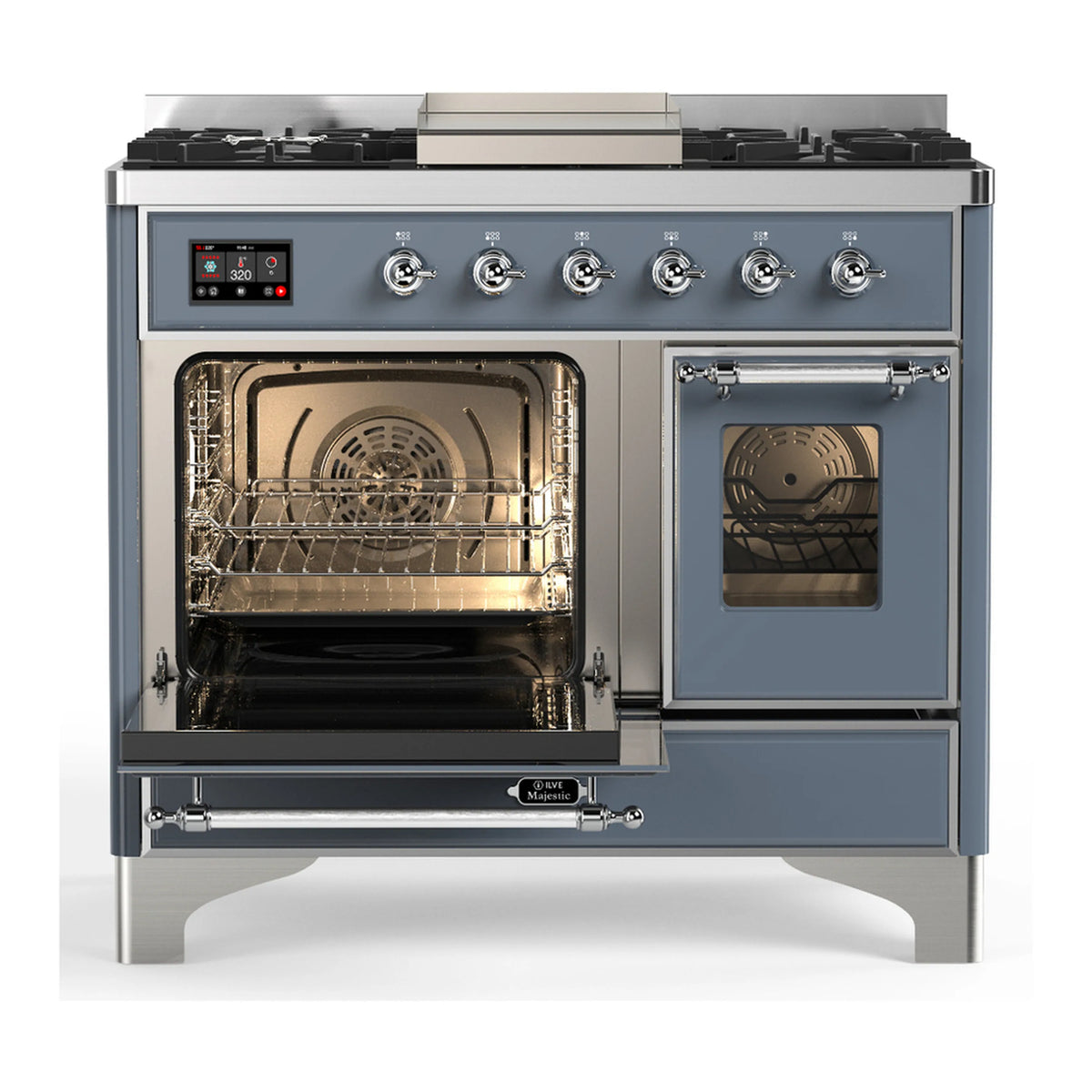 Blue grey dual fuel range with left oven door open and right oven door lit through glass