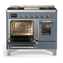 ILVE Majestic III 40-inch Dual Fuel Range with 6 Natural Gas Burner, Griddle and Triple Glass Door Electric Oven in Blue Grey with Chrome Trim (UMD40FNR3BGC)