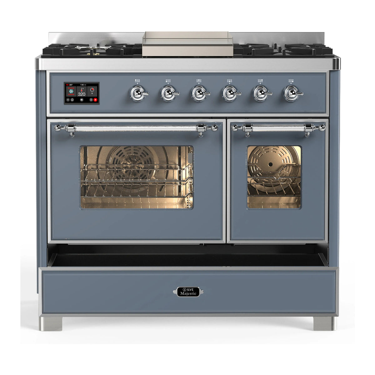 Blue grey dual fuel range with both oven doors open and chrome rail handles