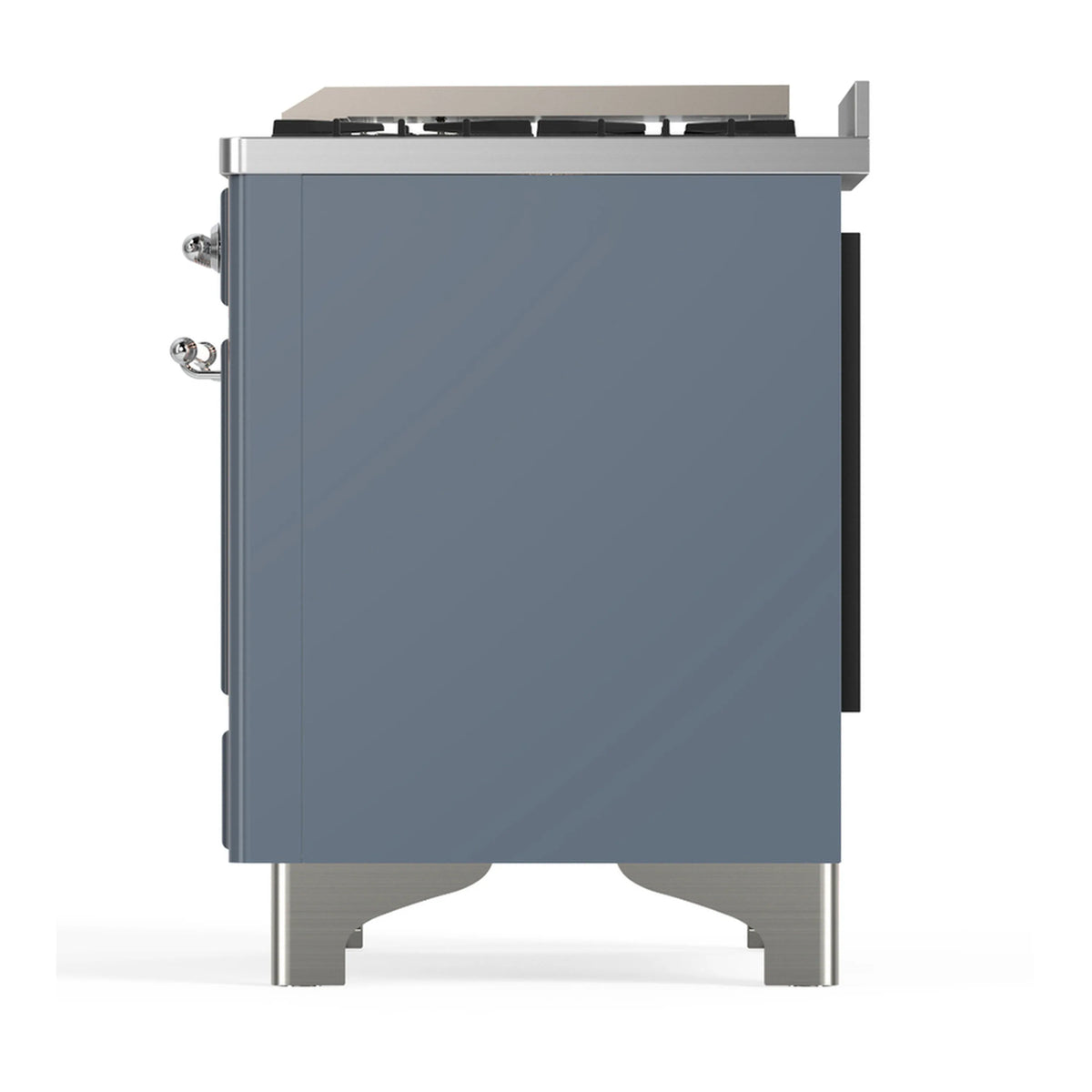 Blue grey side view of a dual fuel range with chrome corner hardware