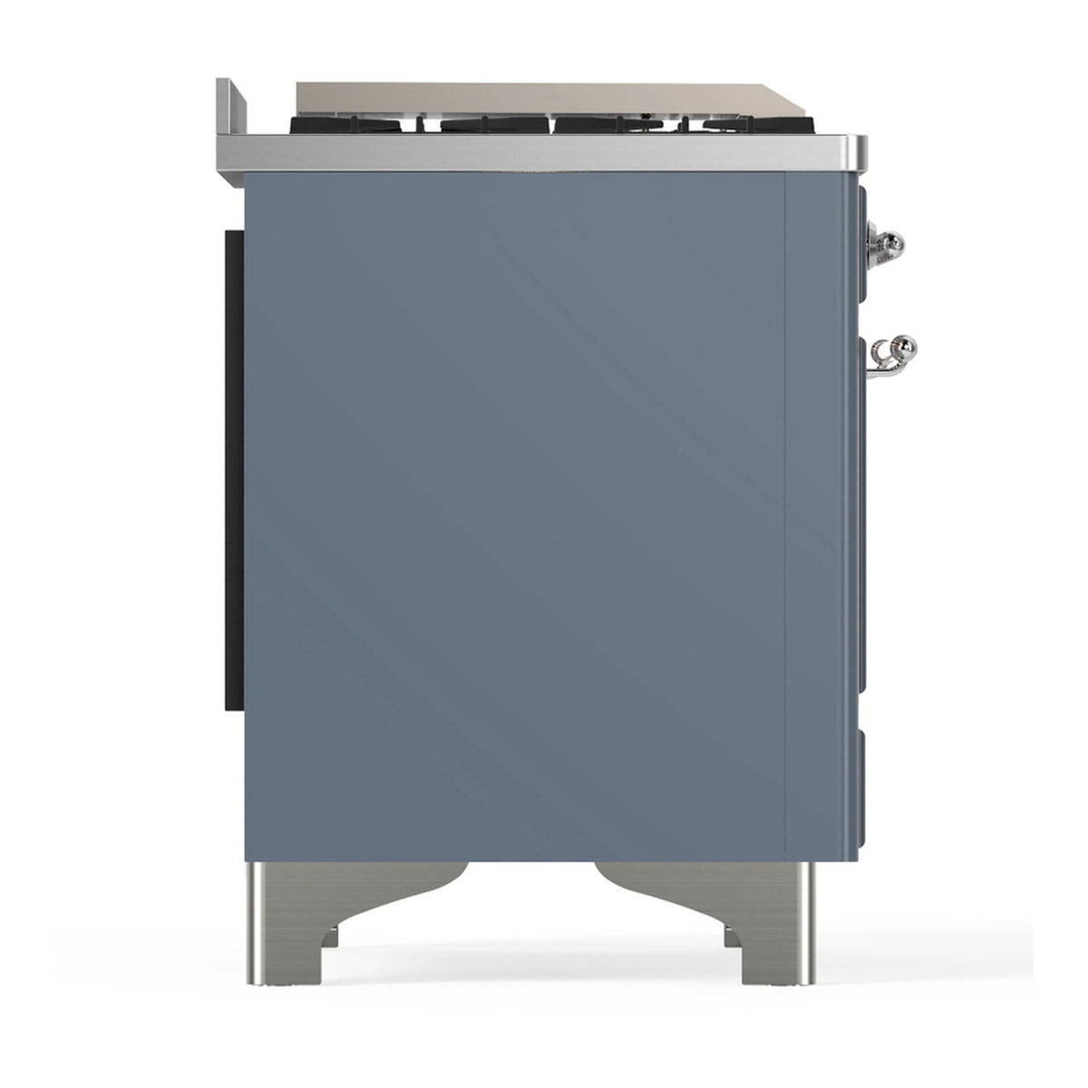 Blue grey rear side view of a dual fuel range with chrome side hardware