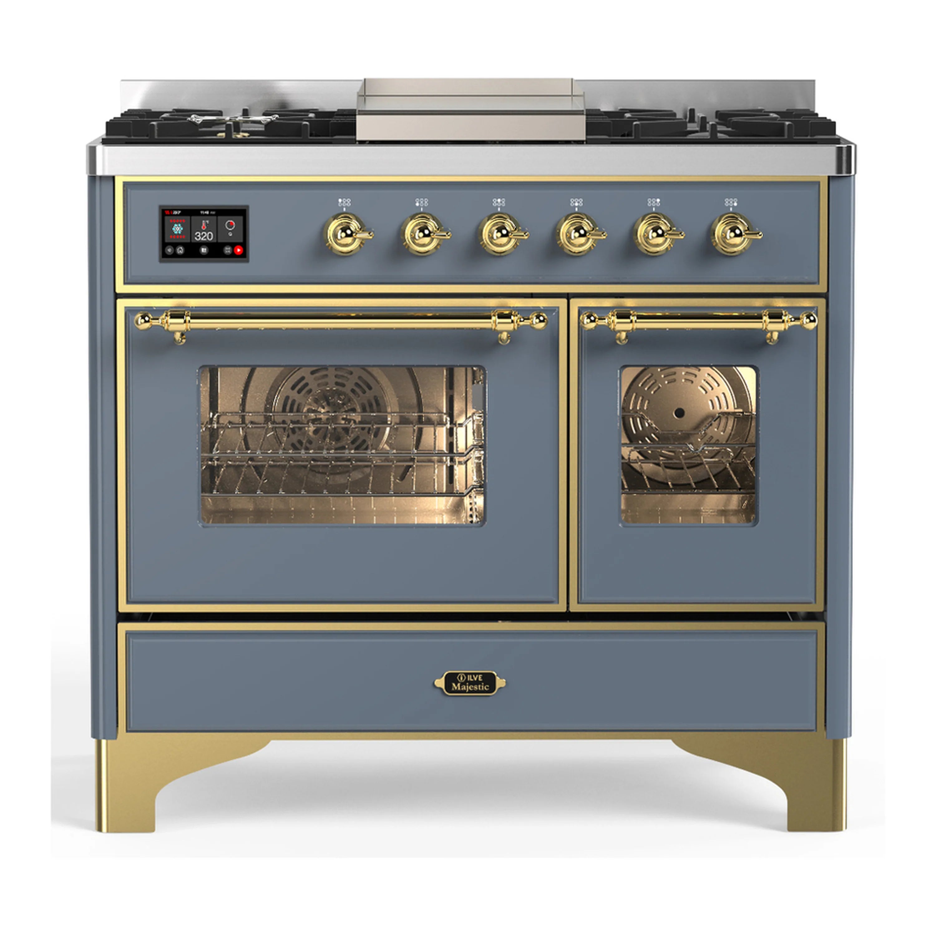 Blue-grey dual fuel range with open ovens and brass knob panel, glass doors
