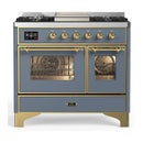 ILVE Majestic III 40-inch Dual Fuel Range with 6 Natural Gas Burner, Griddle and Triple Glass Door Electric Oven in Blue Grey with Brass Trim (UMD40FNR3BGG)