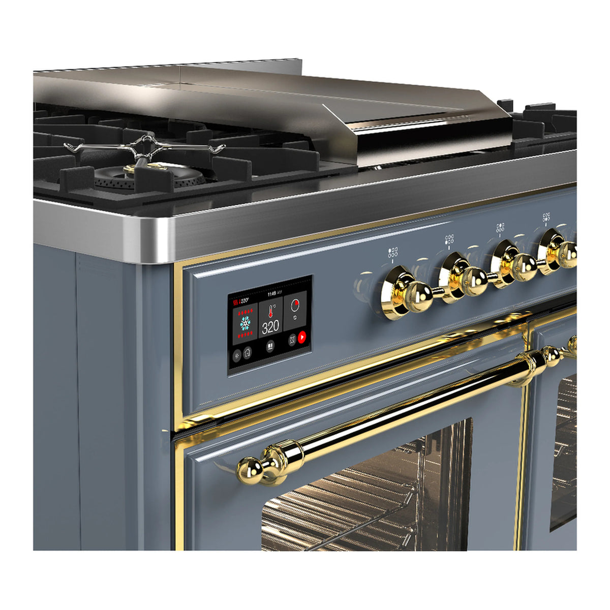 Blue-grey dual fuel range with brass control knobs and open glass oven door