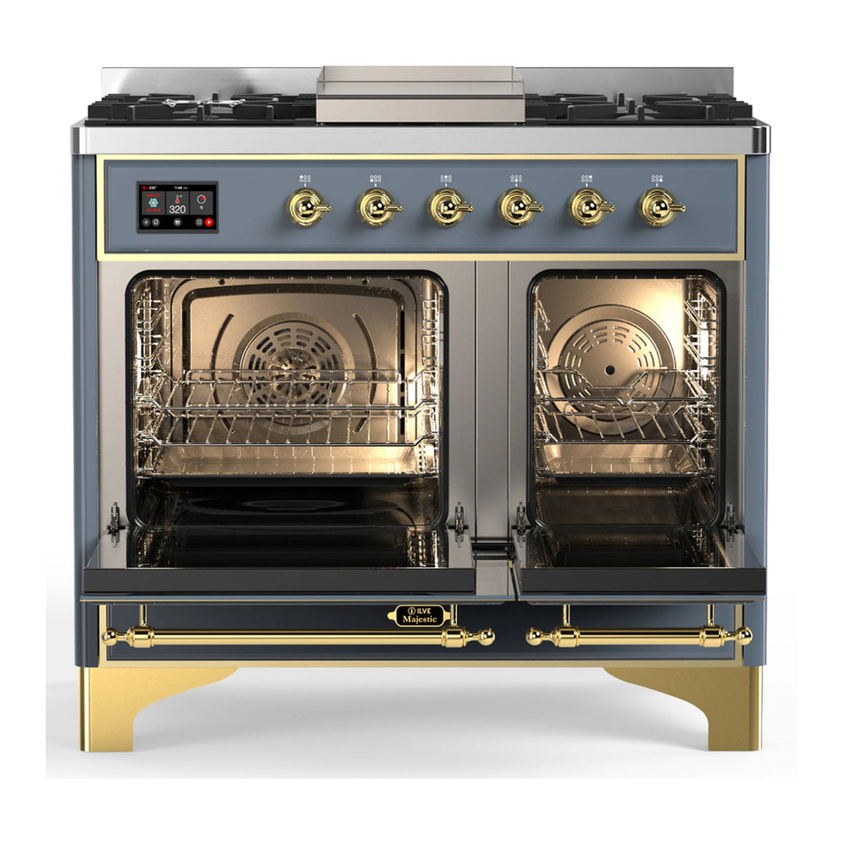 Blue-grey dual fuel range with two open ovens and brass knob control panel