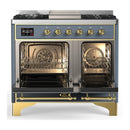 ILVE Majestic III 40-inch Dual Fuel Range with 6 Natural Gas Burner, Griddle and Triple Glass Door Electric Oven in Blue Grey with Brass Trim (UMD40FNR3BGG)