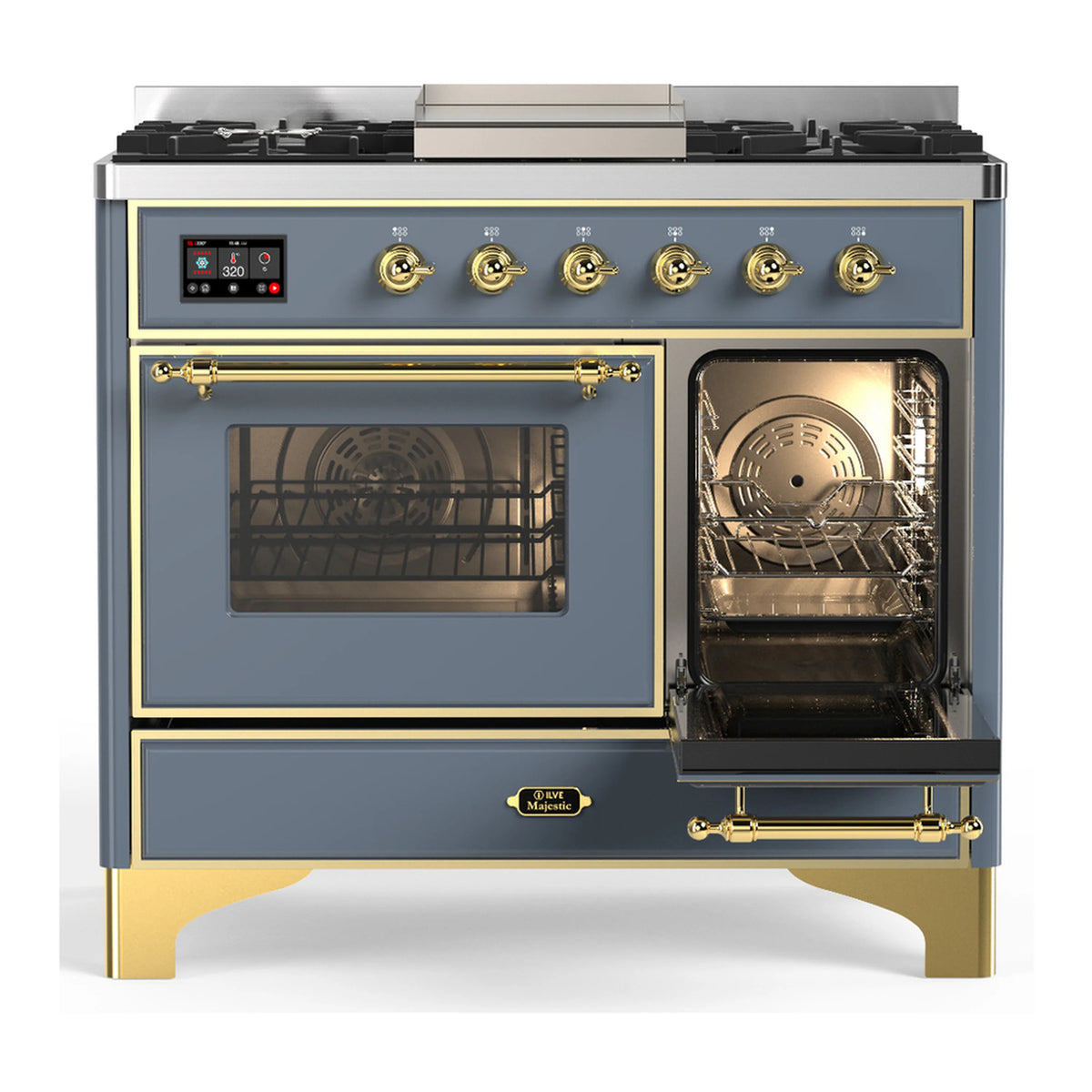 Blue-grey dual fuel range with one oven open and brass-knob controls, glass door