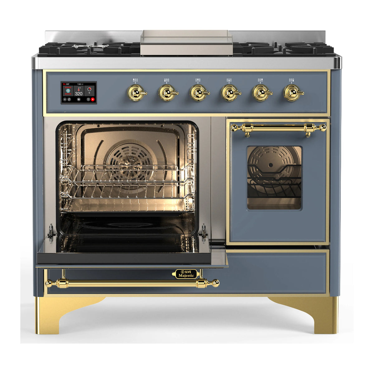 Blue-grey dual fuel range with open main oven, closed glass oven door, brass trims