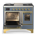 ILVE Majestic III 40-inch Dual Fuel Range with 6 Natural Gas Burner, Griddle and Triple Glass Door Electric Oven in Blue Grey with Brass Trim (UMD40FNR3BGG)