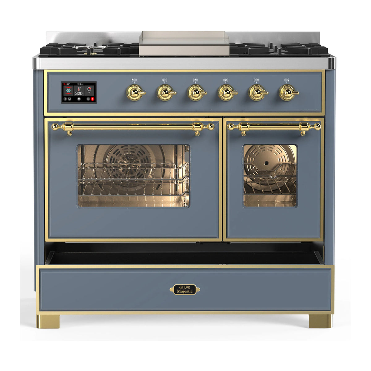 Blue-grey dual fuel range with both ovens open and brass handle accents
