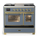 ILVE Majestic III 40-inch Dual Fuel Range with 6 Natural Gas Burner, Griddle and Triple Glass Door Electric Oven in Blue Grey with Brass Trim (UMD40FNR3BGG)