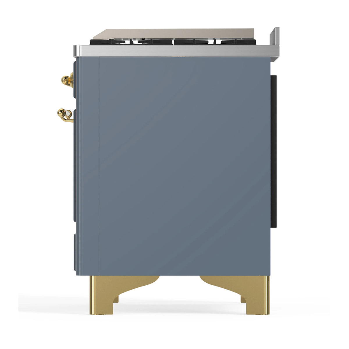 Blue-grey dual fuel range side panel with brass corner feet