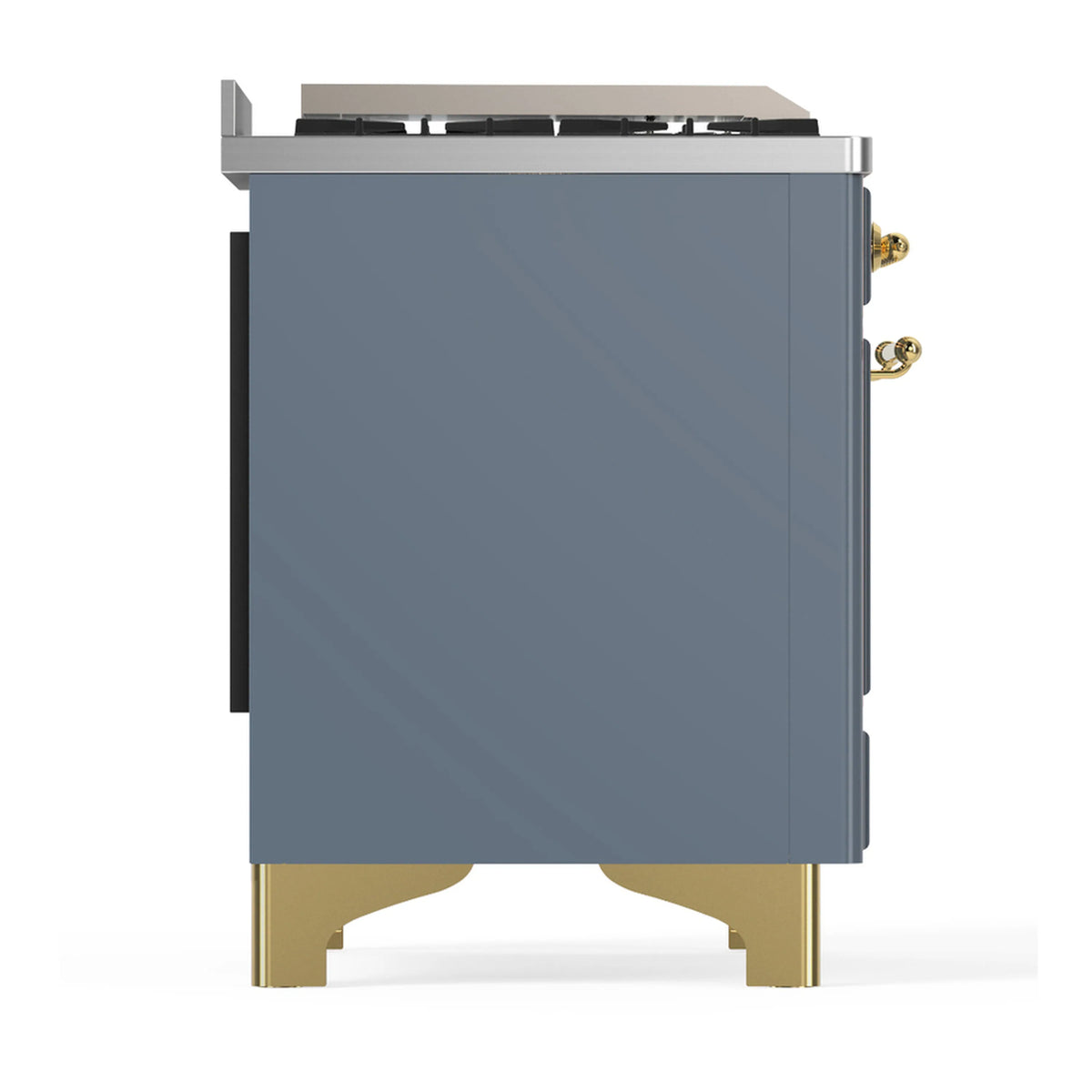 Blue-grey dual fuel range rear side view with brass trim and feet