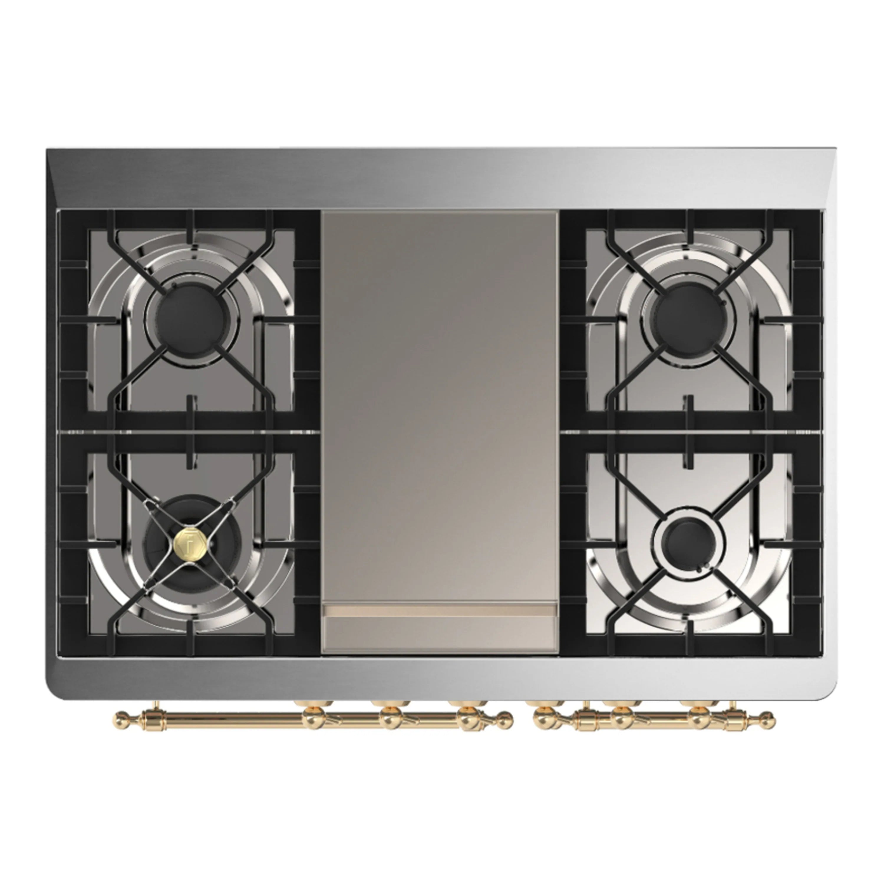 Dual fuel range top with two cast-iron gas burners and brass control valves