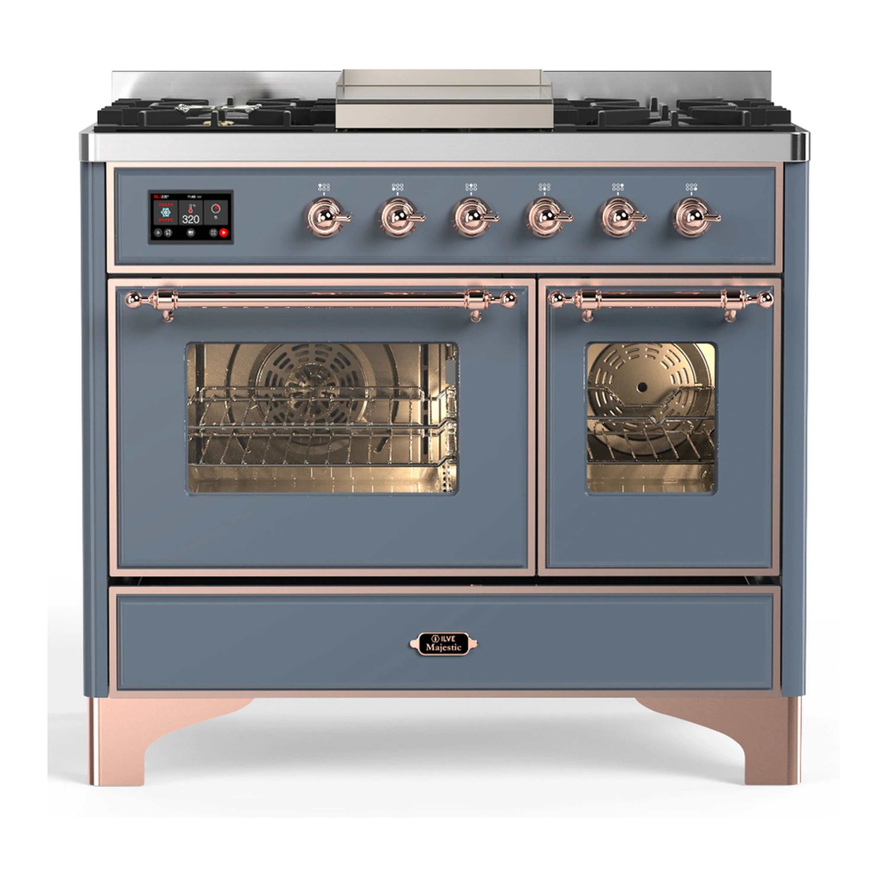 Blue-grey dual fuel range with copper trim, six gas burners, and two glass oven doors