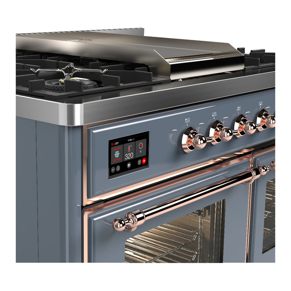 Blue-grey ILVE dual fuel range control panel with copper knobs and six gas burner grates