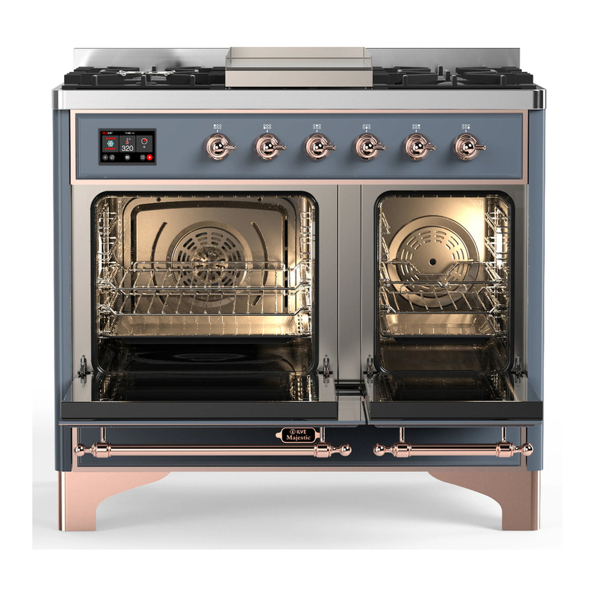 Blue-grey dual fuel range with both ovens open, wire racks inside, copper-trim door handles