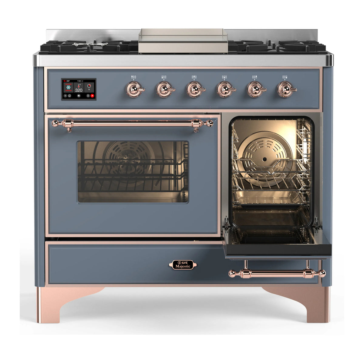 Blue-grey dual fuel range with left oven door closed and right oven door open, copper trim