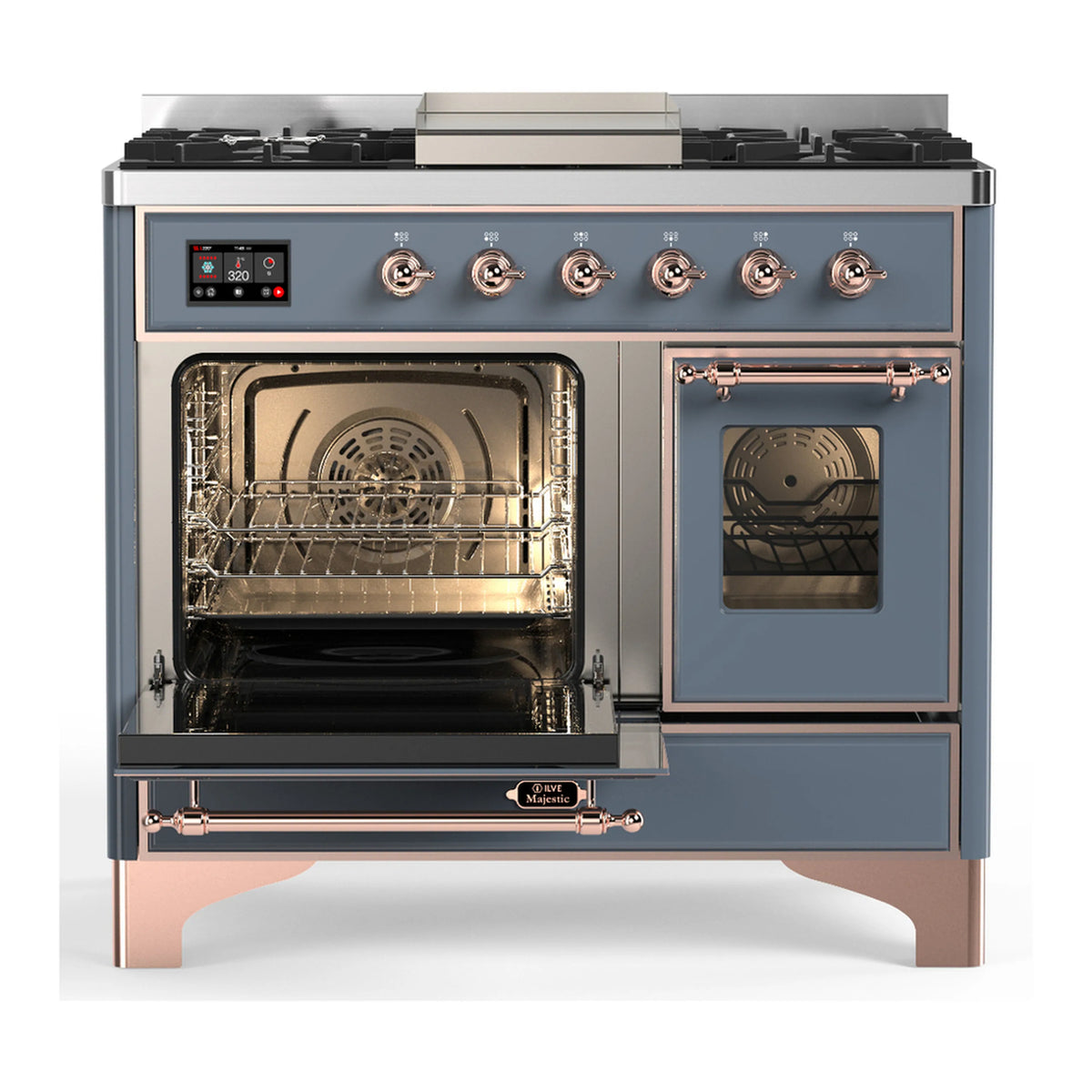 Blue-grey dual fuel range with left oven door open and right oven door closed, copper trim