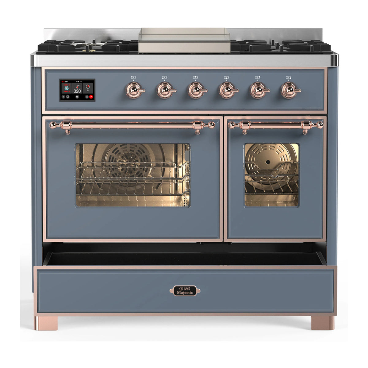 Blue-grey dual fuel range front view with copper-trim knobs, burners, and two glass oven doors
