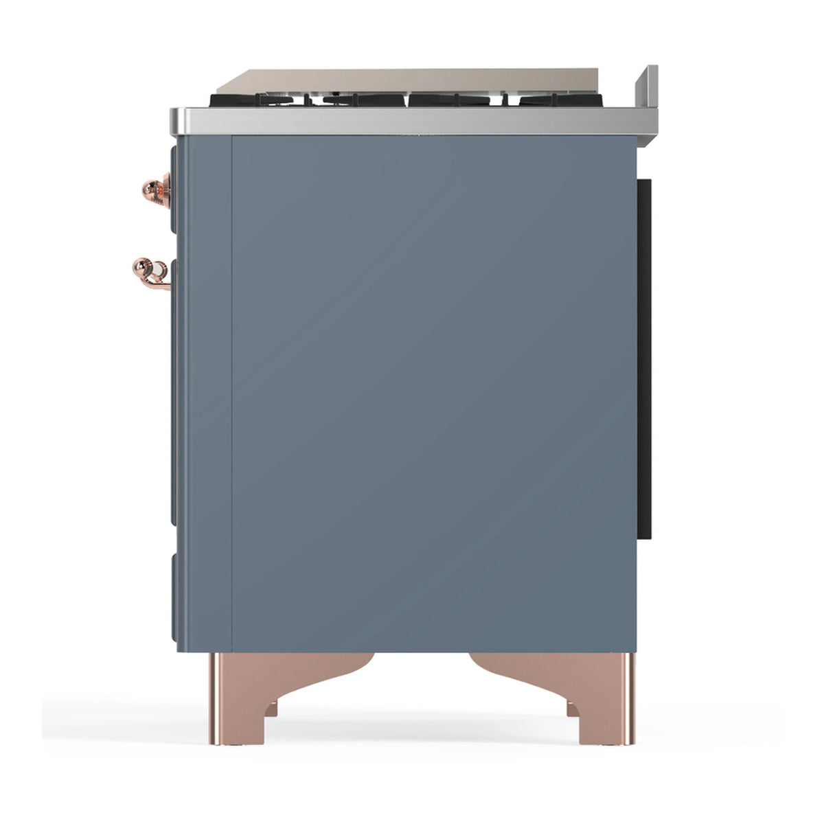 Blue-grey dual fuel range side panel with copper fittings and black griddle surface
