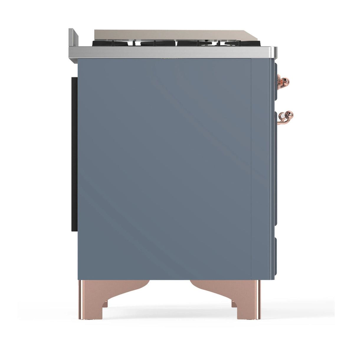 Blue-grey dual fuel range rear-side view with copper control elements and black side panels