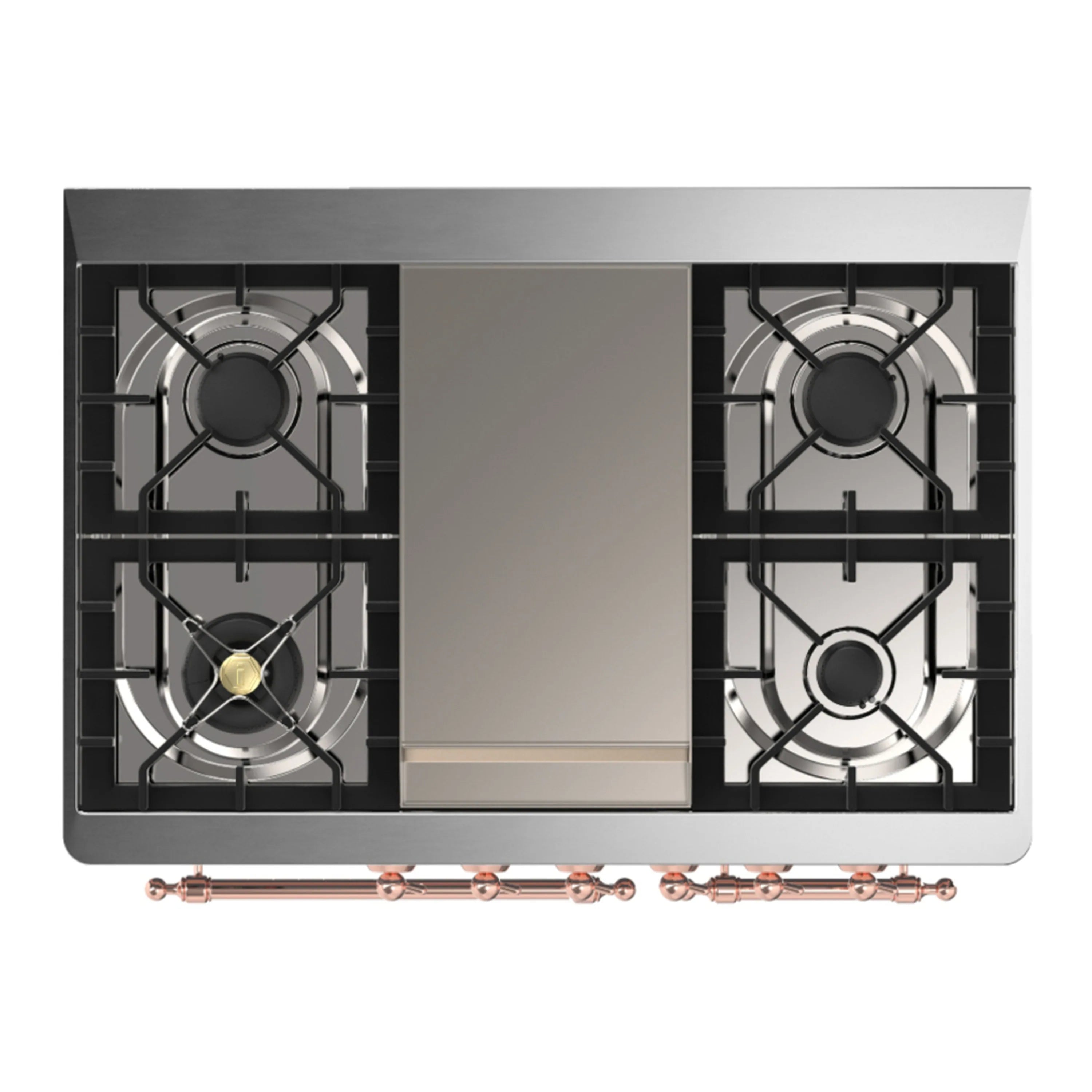 Dual fuel range cooktop top view with four burners, grates, and copper control rail